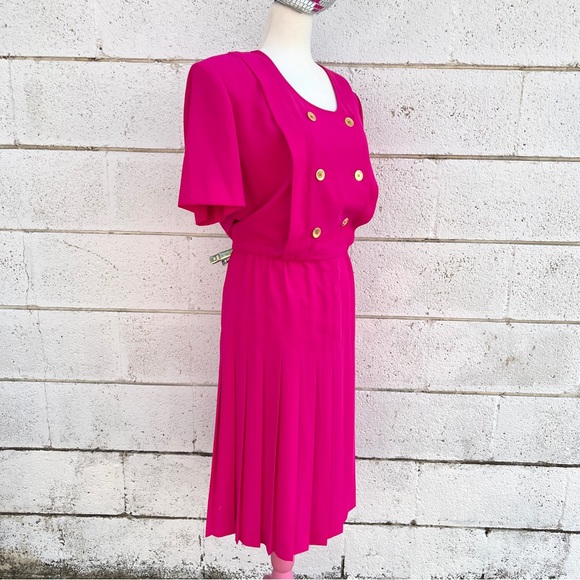Funky Vintage 80's Liz Claiborne Barbie Pink Vintage Pleated Midi Dress - Picture 2 of 5